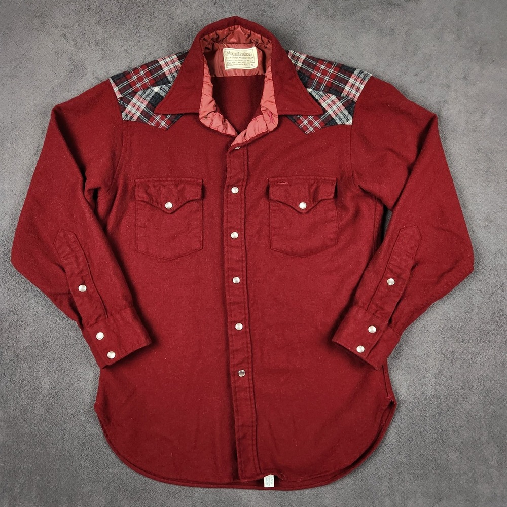 Vintage Pendleton Western Shirt Mens Medium Red Plaid Yoke Pearl Snap Wool 70s
